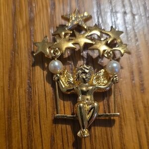 Gold Angel and Star Brooch